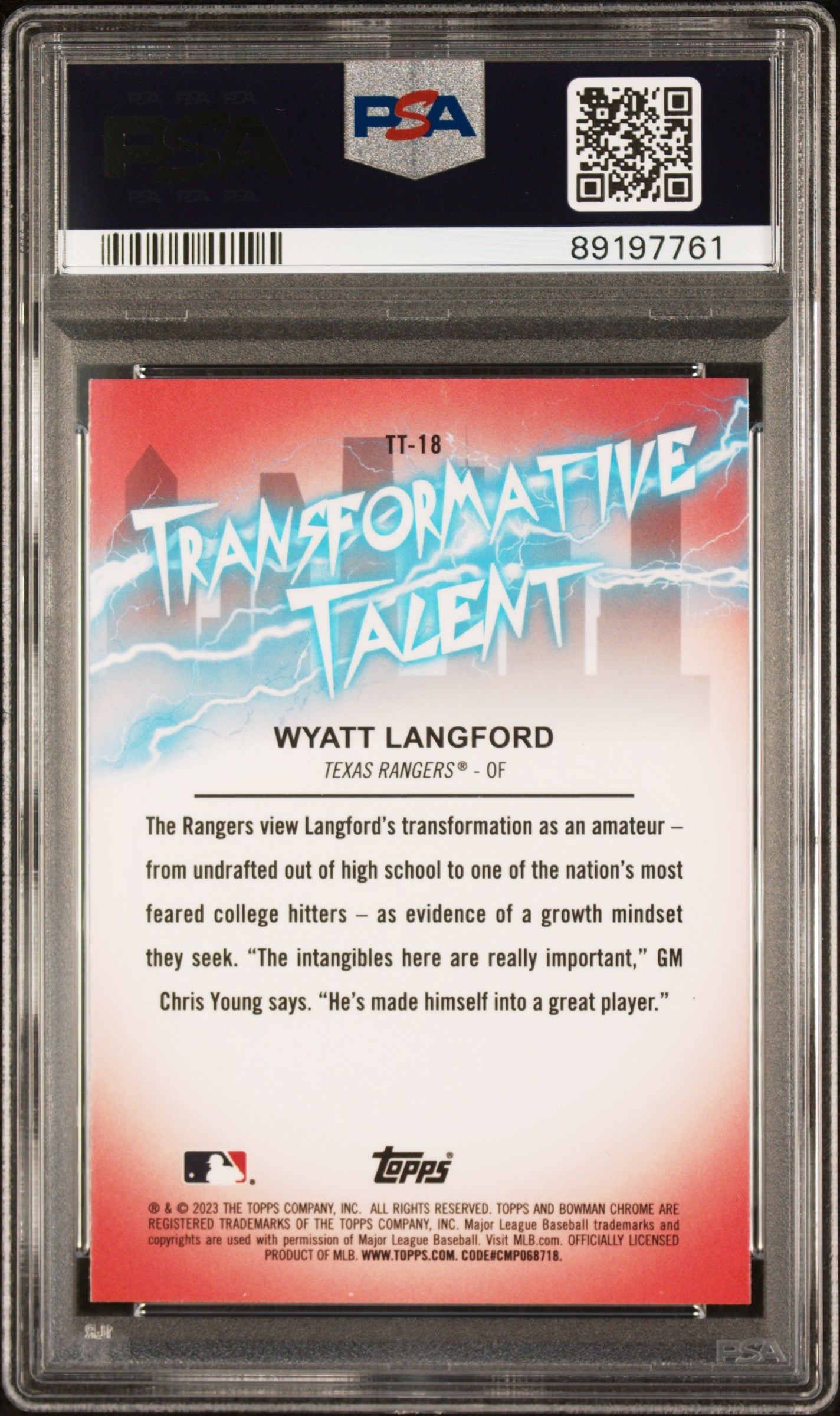 Graded 2023 Topps Bowman Draft Wyatt Langford #TT18 Transformative Talent Rookie RC Baseball Card PSA 9 Mint