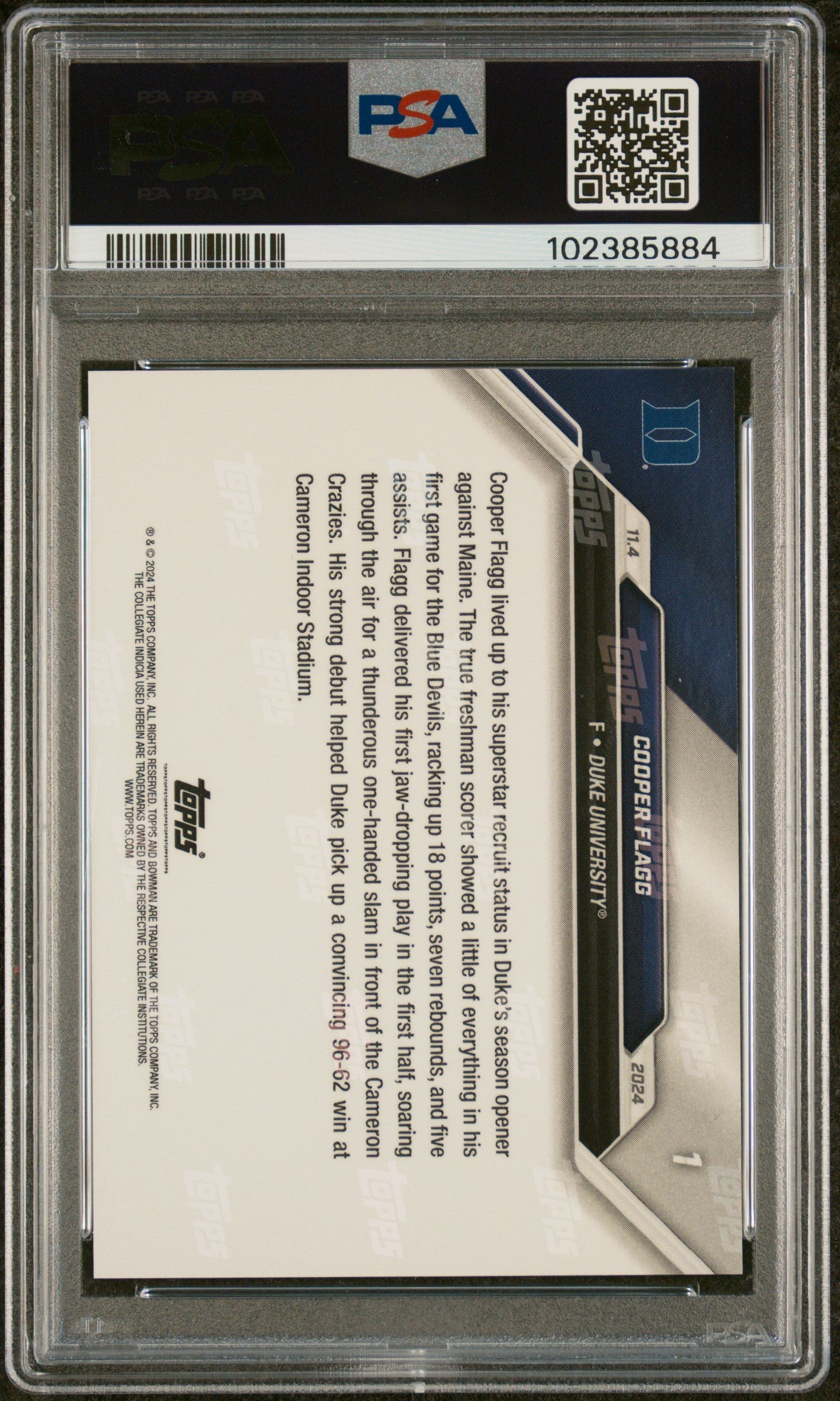 Graded 2024 Topps Bowman U Now Cooper Flagg #1 NCAA Debut Rookie RC Basketball Card PSA 10 Gem Mint