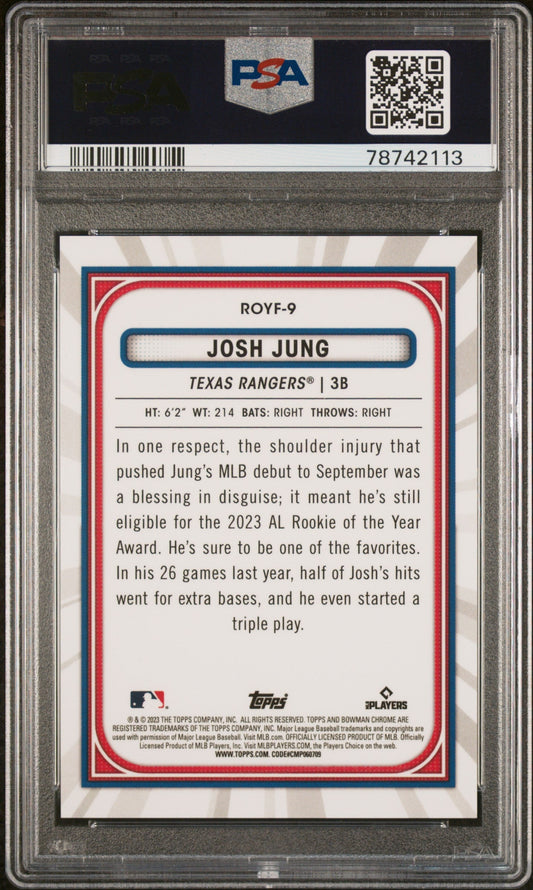 Graded 2023 Topps Bowman Josh Jung #ROYF9 ROY Favorites Aqua Ref Rookie RC Baseball Card PSA 10 Gem Mint