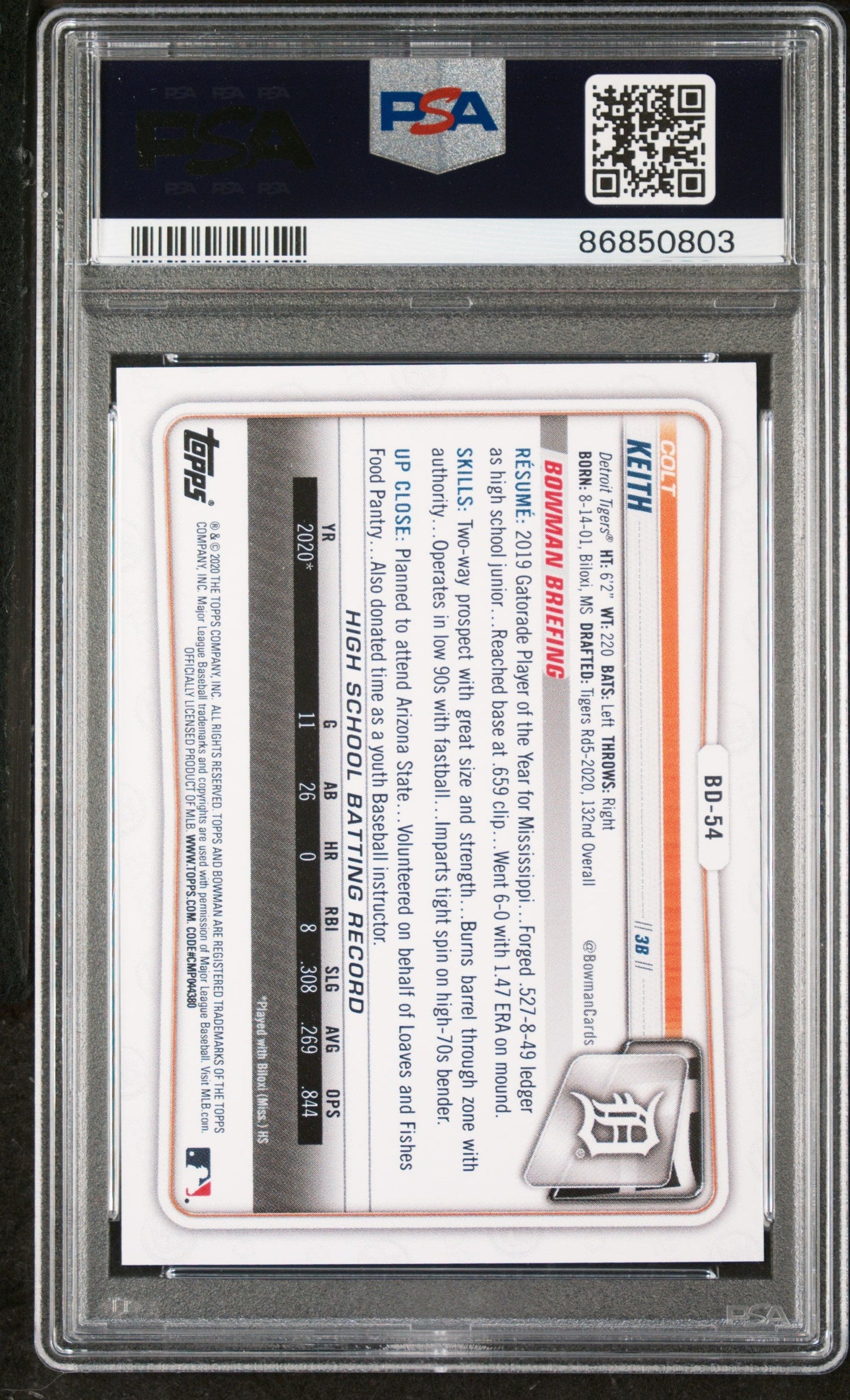 Graded 2020 Topps Bowman Draft Colt Keith #BD54 1st Edition Rookie RC Baseball Card PSA 10 Gem Mint