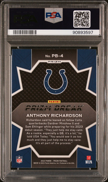 Graded 2023 Panini Prizm Anthony Richardson #PB4 Prizm Break No Huddle Rookie RC Football Card PSA 10 Gem Mint