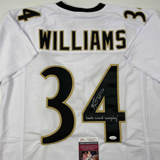 Autographed/Signed Ricky Williams Smoke Weed Everyday Inscribed New Orleans White Football Jersey JSA COA