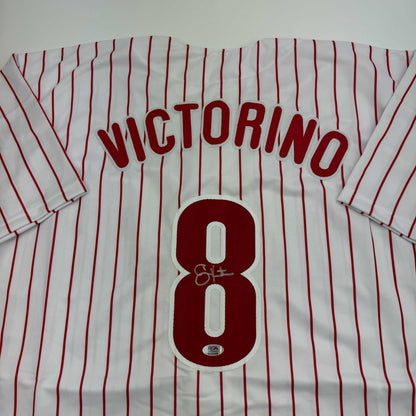 Autographed/Signed Shane Victorino Philadelphia Pinstripe Baseball Jersey PSA COA