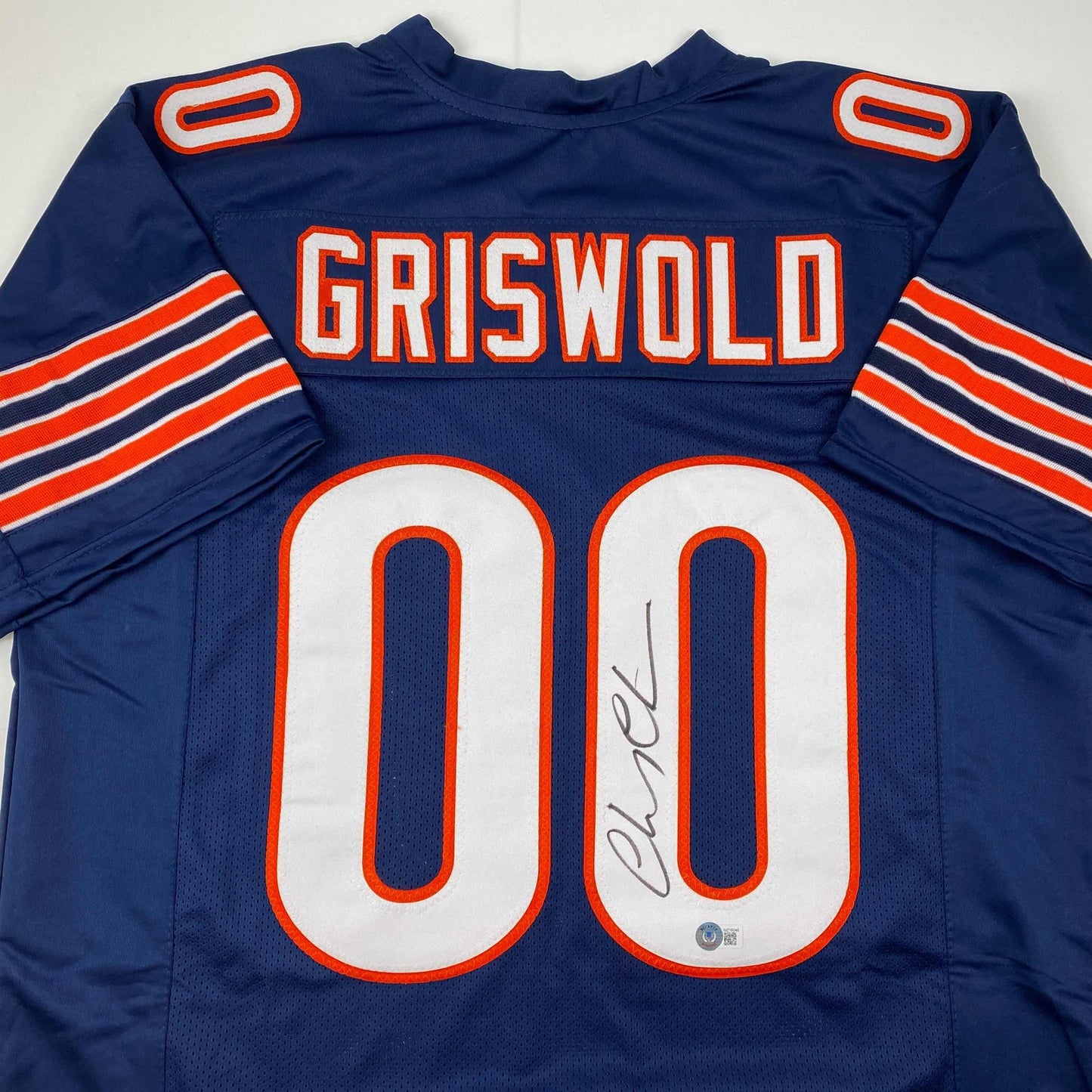 Autographed/Signed Chevy Chase Clark Griswold Christmas Vacation Chicago Blue Football Jersey Beckett BAS COA