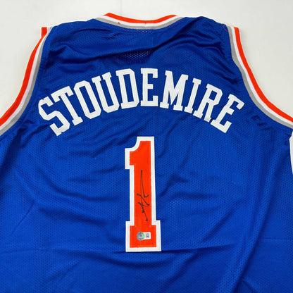 Autographed/Signed Amare Stoudemire New York Blue Basketball Jersey Beckett BAS COA