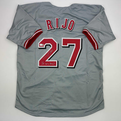 Autographed/Signed Jose Rijo 90 WS MVP Cincinnati Grey Baseball Jersey Beckett BAS COA
