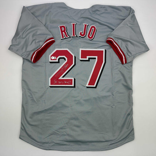 Autographed/Signed Jose Rijo 90 WS MVP Cincinnati Grey Baseball Jersey Beckett BAS COA
