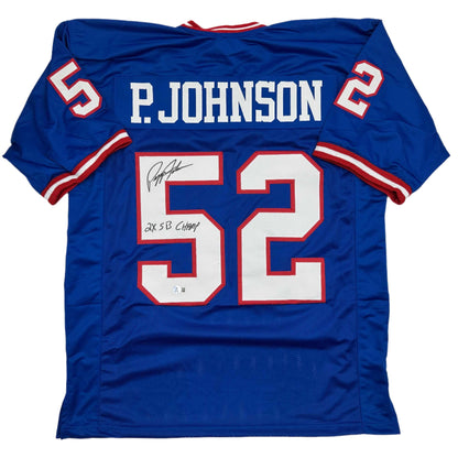 Autographed/Signed Pepper Johnson 2x SB Champ New York Blue Football Jersey Beckett BAS COA