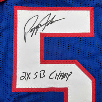Autographed/Signed Pepper Johnson 2x SB Champ New York Blue Football Jersey Beckett BAS COA