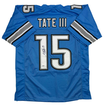 Autographed/Signed Golden Tate Detroit Blue Football Jersey Beckett BAS COA