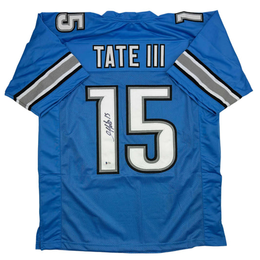 Autographed/Signed Golden Tate Detroit Blue Football Jersey Beckett BAS COA