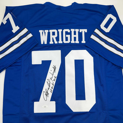 Autographed/Signed Rayfield Wright HOF 06 Dallas Blue Football Jersey JSA COA