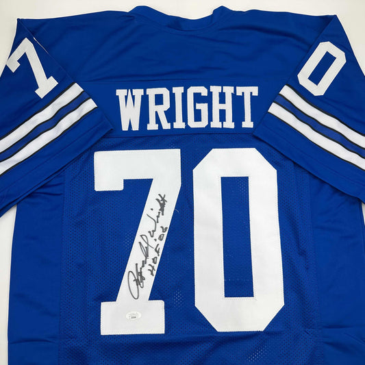 Autographed/Signed Rayfield Wright HOF 06 Dallas Blue Football Jersey JSA COA