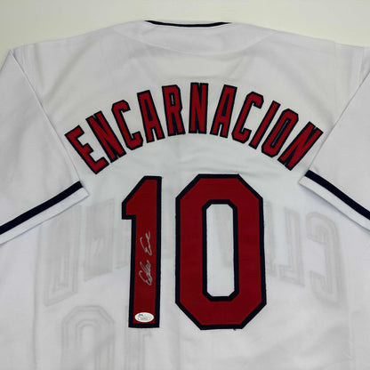 Autographed/Signed Edwin Encarnacion Cleveland White Baseball Jersey JSA COA