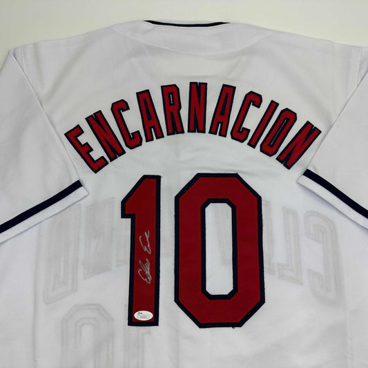 Autographed/Signed Edwin Encarnacion Cleveland White Baseball Jersey JSA COA