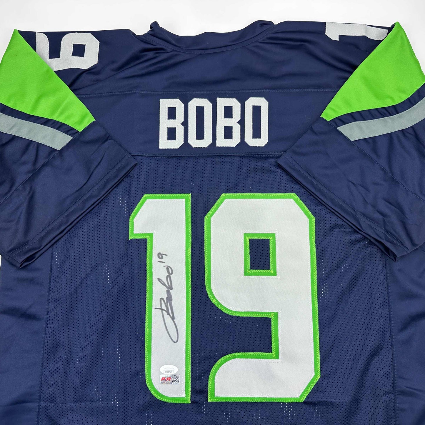 Autographed/Signed Jake Bobo Seattle Blue Football Jersey JSA COA