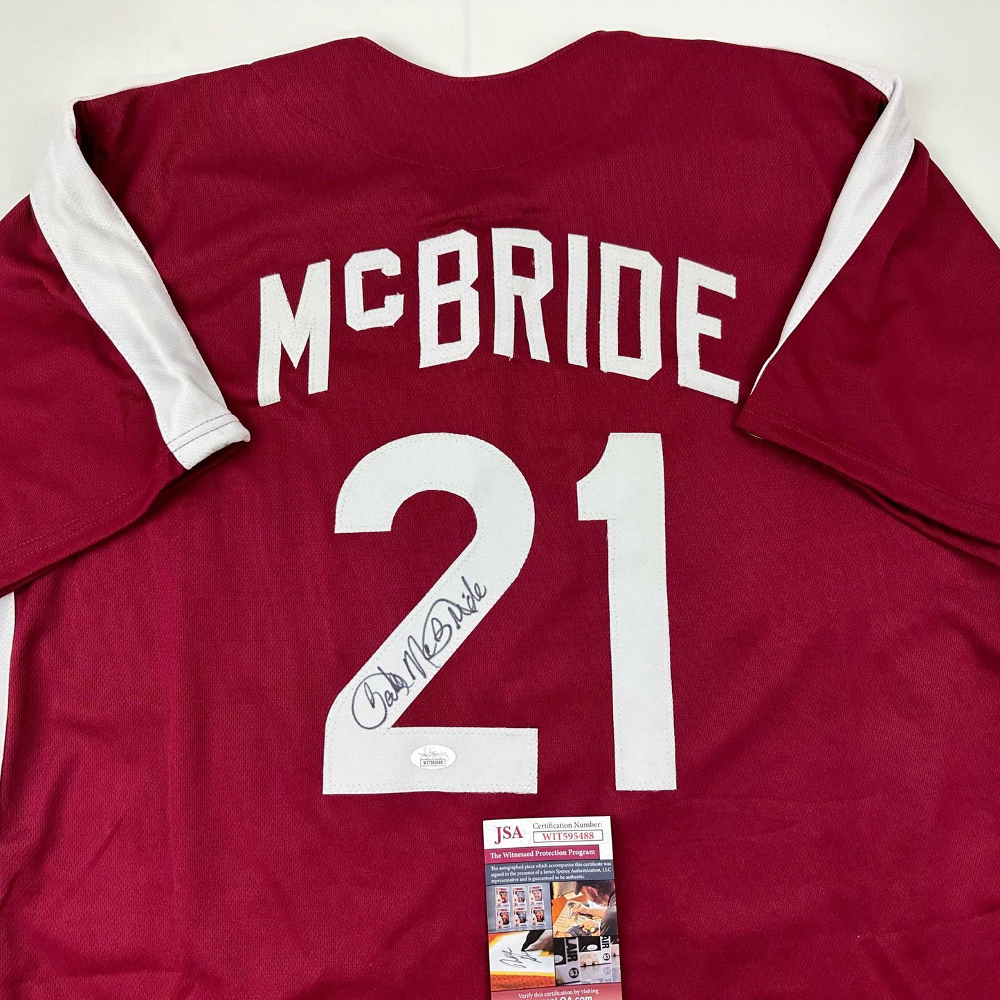 Autographed/Signed Bake McBride Philadelphia Retro Maroon Baseball Jersey JSA COA