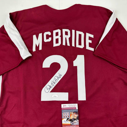 Autographed/Signed Bake McBride Philadelphia Retro Maroon Baseball Jersey JSA COA