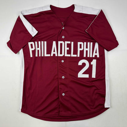 Autographed/Signed Bake McBride Philadelphia Retro Maroon Baseball Jersey JSA COA