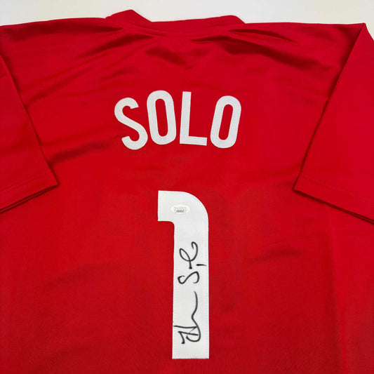 Autographed/Signed Hope Solo Red Soccer Team USA World Cup Jersey JSA COA