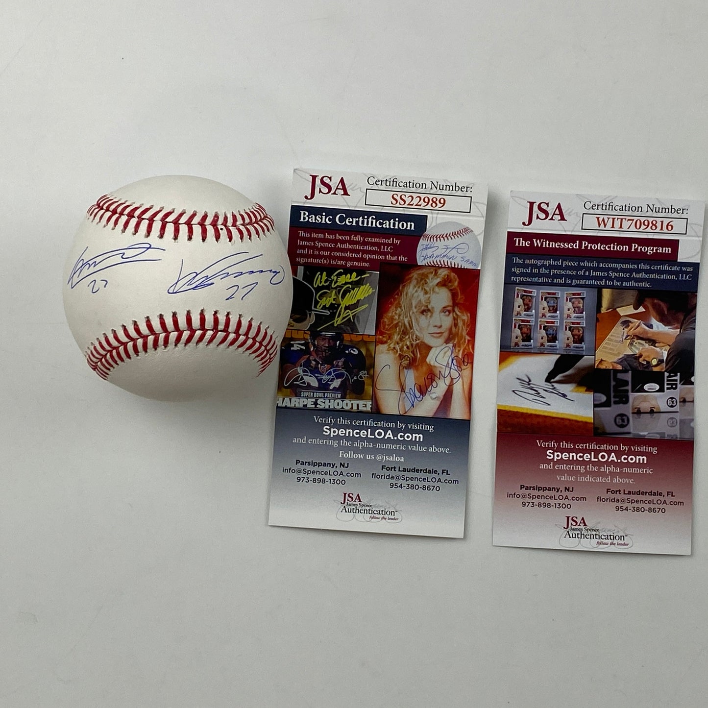 Autographed/Signed Vladimir Vlad Guerrero Jr. & Sr. Rawlings Official Major League Baseball ROML JSA COA Auto