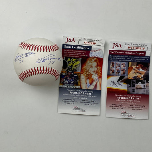 Autographed/Signed Vladimir Vlad Guerrero Jr. & Sr. Rawlings Official Major League Baseball ROML JSA COA Auto