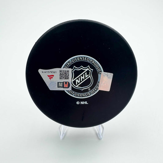 Autographed/Signed Macklin Celebrini San Jose Sharks Logo Hockey Puck Fanatics COA
