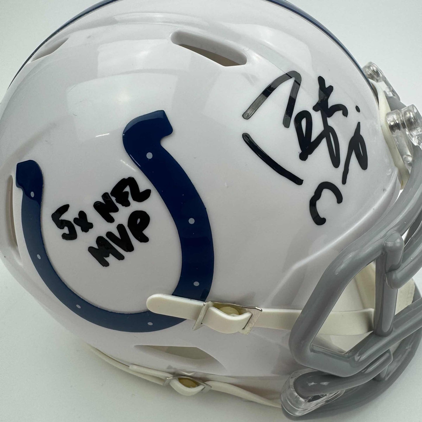 Autographed/Signed Peyton Manning "5x NFL MVP" Indianapolis Colts Mini Football Helmet Fanatics COA