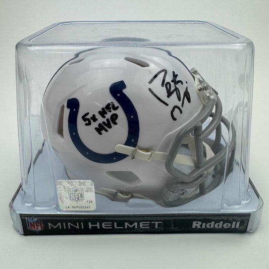 Autographed/Signed Peyton Manning "5x NFL MVP" Indianapolis Colts Mini Football Helmet Fanatics COA