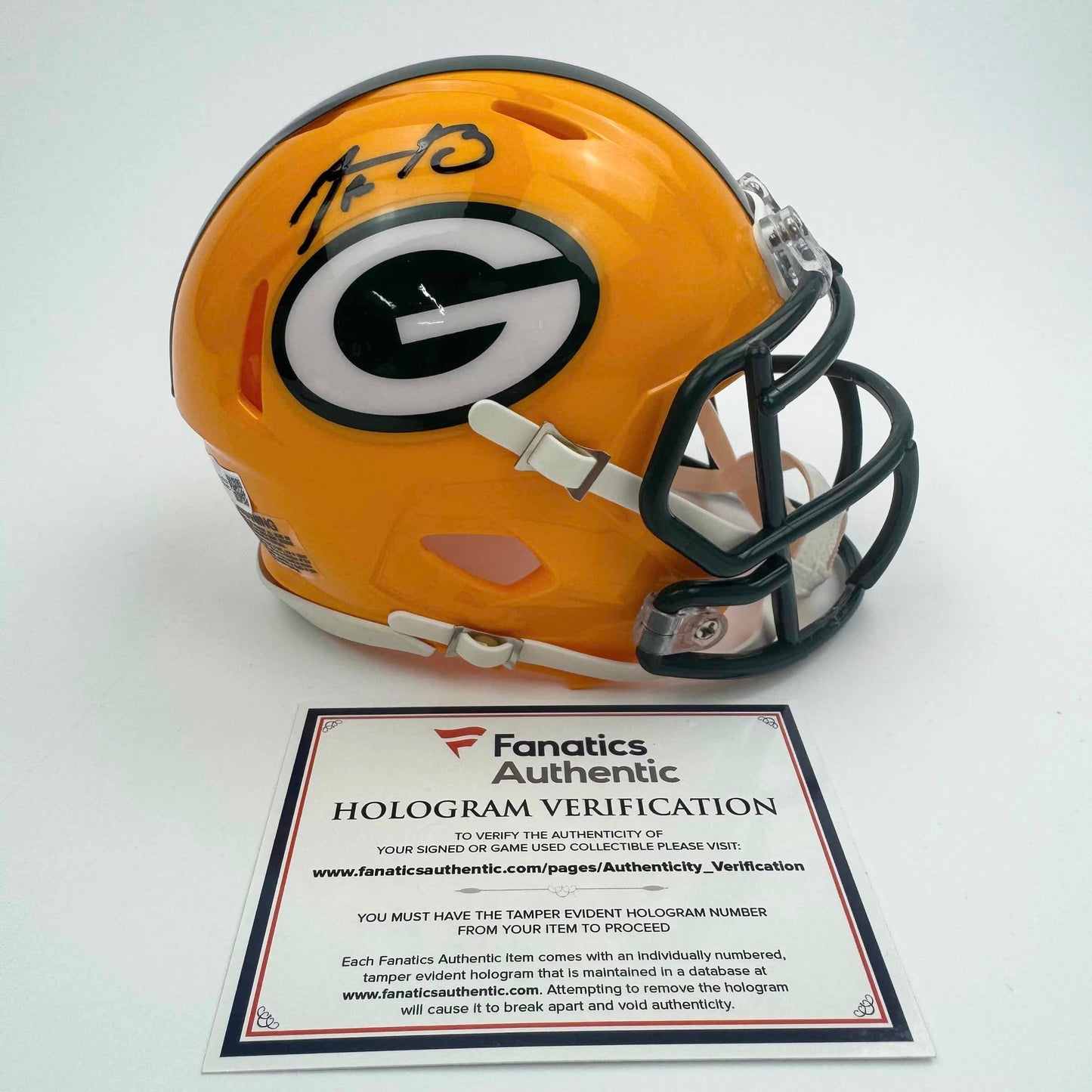 Autographed/Signed Aaron Rodgers Green Bay Packers Football Speed Mini Helmet Fanatics COA