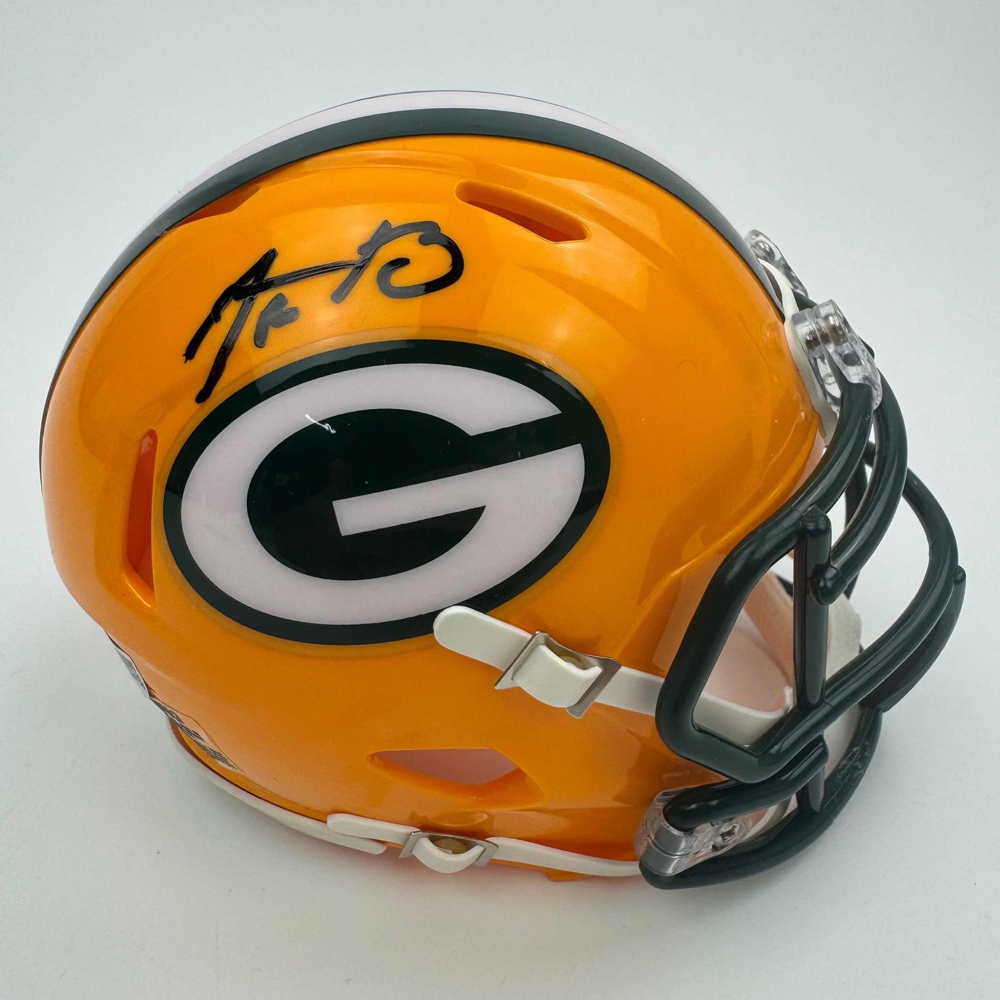 Autographed/Signed Aaron Rodgers Green Bay Packers Football Speed Mini Helmet Fanatics COA