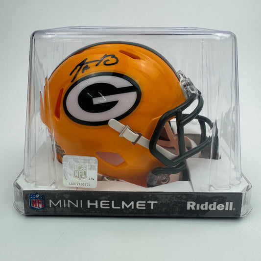 Autographed/Signed Aaron Rodgers Green Bay Packers Football Speed Mini Helmet Fanatics COA