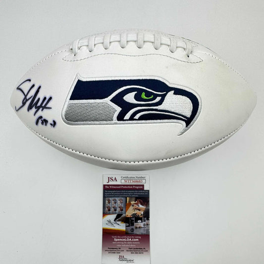 Autographed/Signed Shaun Alexander Seattle Seahawks Full Size FS White Panel Logo Football JSA COA