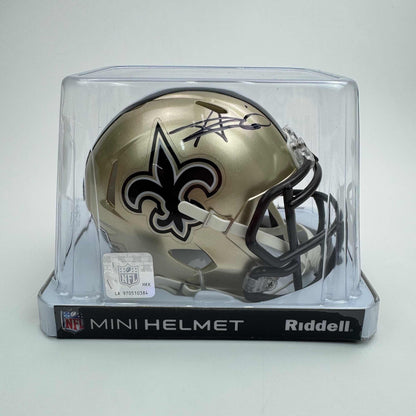 Autographed/Signed Alvin Kamara New Orleans Saints Football Mini Helmet Beckett BAS COA