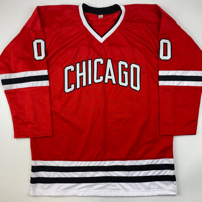 Autographed/Signed Chevy Chase Clark Griswold Christmas Vacation Movie Chicago Red Hockey Jersey Beckett BAS COA