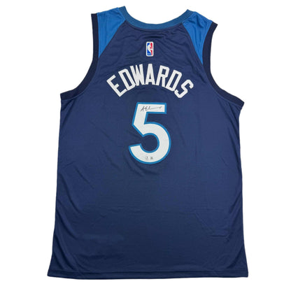Autographed/Signed Anthony Edwards Minnesota Blue Basketball Jersey Beckett BAS COA
