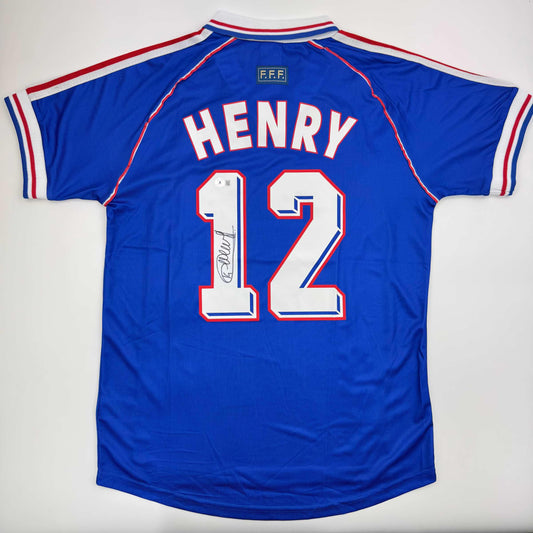 Autographed/Signed Thierry Henry France French National Team Blue Soccer Jersey Beckett BAS COA