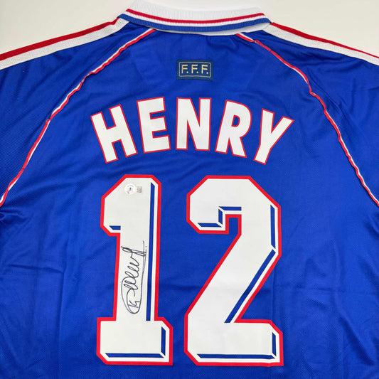Autographed/Signed Thierry Henry France French National Team Blue Soccer Jersey Beckett BAS COA