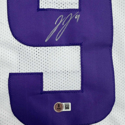 Autographed/Signed J.J. JJ McCarthy Minnesota White Football Jersey Beckett BAS COA