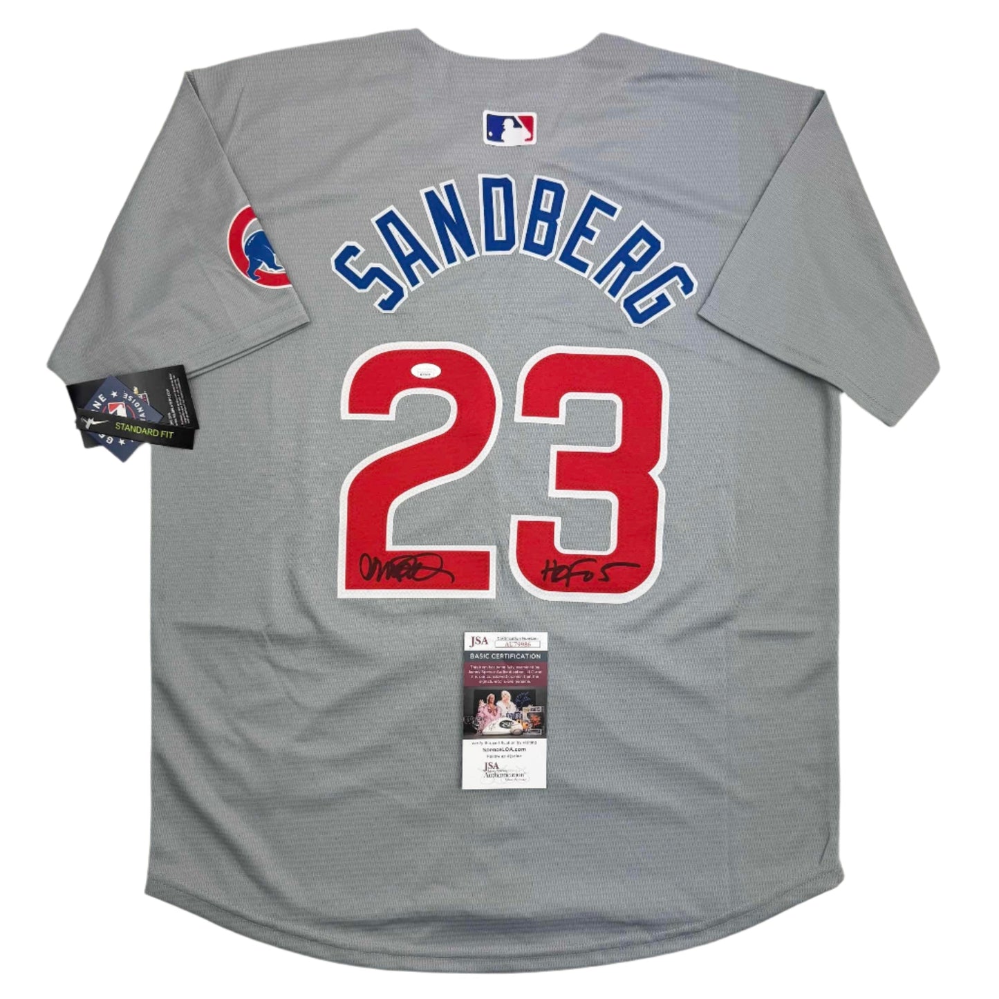Autographed/Signed Ryne Sandberg HOF 05 Chicago Cubs Majestic Grey Baseball Jersey JSA COA