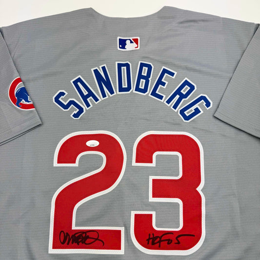 Autographed/Signed Ryne Sandberg HOF 05 Chicago Cubs Majestic Grey Baseball Jersey JSA COA
