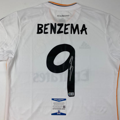 Autographed/Signed Karim Benzema Real Madrid White Soccer Jersey Beckett BAS COA