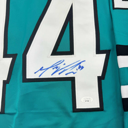Framed Autographed/Signed Marc-Edouard Vlasic 35x39 San Jose Teal Hockey Jersey JSA COA