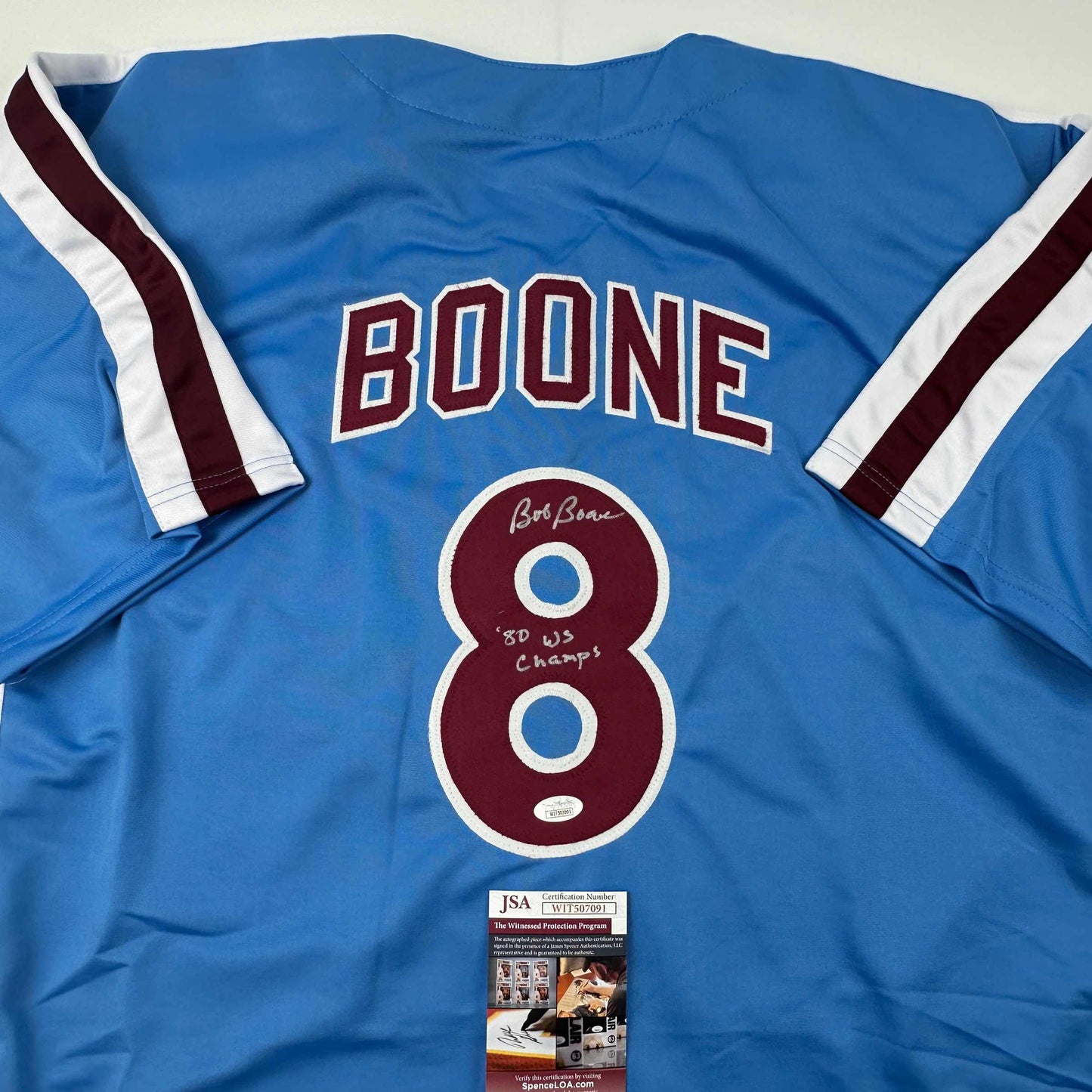 Autographed/Signed Bob Boone 80 WS Champs Philadelphia Retro Blue Baseball Jersey JSA COA