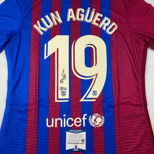 Autographed/Signed Sergio Kun Aguero FC Barcelona Red/Blue Soccer Futbol Jersey Beckett BAS COA