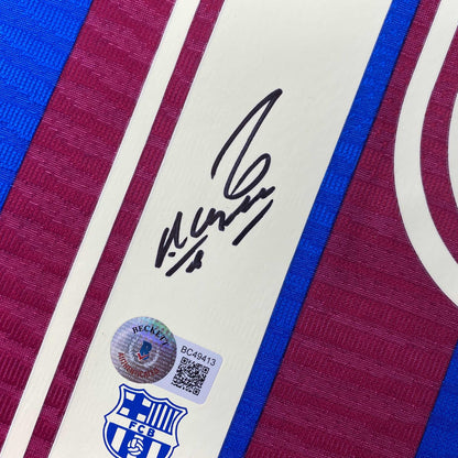 Autographed/Signed Sergio Kun Aguero FC Barcelona Red/Blue Soccer Futbol Jersey Beckett BAS COA