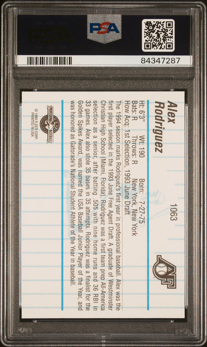 Graded 1994 Fleer Procards Alex Rodriguez #1063 Appleton Foxes Rookie RC Baseball Card PSA 10 Gem Mint