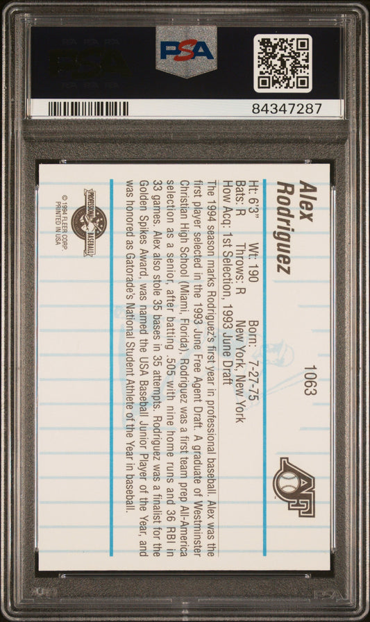 Graded 1994 Fleer Procards Alex Rodriguez #1063 Appleton Foxes Rookie RC Baseball Card PSA 10 Gem Mint
