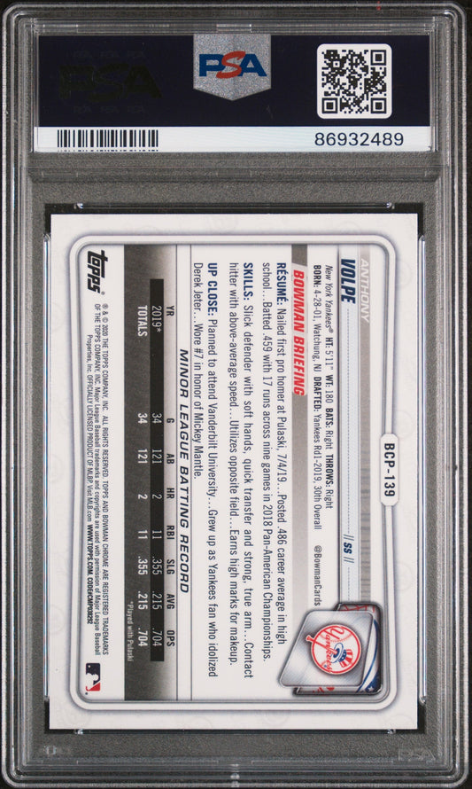 Graded 2020 Topps Bowman Chrome Anthony Volpe #BCP139 Prospects Rookie RC Baseball Card PSA 10 Gem Mint