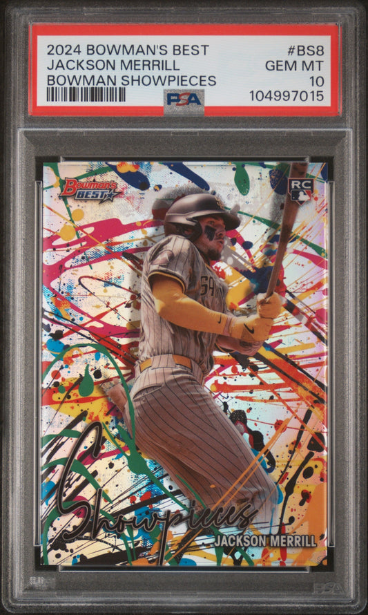 Graded 2024 Topps Bowmans Best Jackson Merrill #BS8 Bowman Showpieces Rookie RC Baseball Card PSA 10 Gem Mint